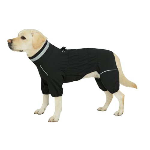 Winter Waterproof Dog Snowsuit – Full Body Outdoor Jacket with Leash Ring, Fleece Lining, Windproof Reflective 4-Leg Dog Coat for Small to Large Dogs Black 4XL - color: Black, size: 4XL (Back Length 23.5")