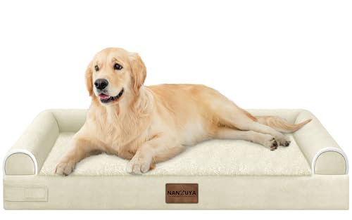 NANUYA Orthopedic Dog Bed for Large Dogs, 36 x 27 Inch, Beige | Egg crate foam for joint support, 3-sided bolster pet sofa, waterproof lining, washable cover, and non-skid base - color: Beige, size: 36.0"L x 27.0"W x 6.5"Th