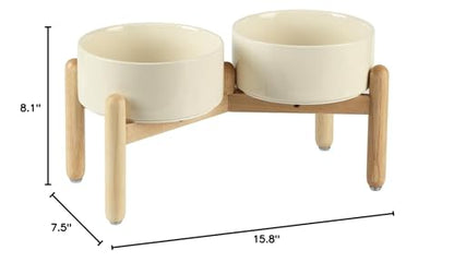 Havniva 7.3inch Ceramic Raised Dog Bowl with Stand, Double Dog Bowls Elevated for Medium Breed Dog Food and Water Bowl Set Non-Slip Dog Dish Large Capacity Feeding Pet Water Bowl - color: 2 Bowls+Stand - Light Yellow, size: 7.3inch
