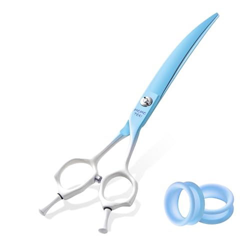 7'' Curved Dog Grooming Scissors Blue to White Gradient | 440C Stainless Steel, Sharp Durable, Professional or Home Use, Ergonomic Handle with 2 Silicone Finger Rings - color: Blue