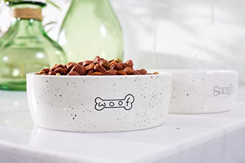 Pearhead Ceramic Dog Bowl – “Woof” Speckled Pet Food & Water Dish, Durable Stoneware, Non-Slip Heavy Base, 20 oz, Medium - color: White "Woof" Bowl, size: Medium