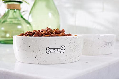 Pearhead Ceramic Dog Bowl – “Woof” Speckled Pet Food & Water Dish, Durable Stoneware, Non-Slip Heavy Base, 20 oz, Medium - color: White "Woof" Bowl, size: Medium