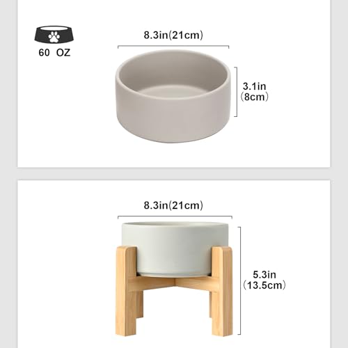 SPUNKYJUNKY Ceramic Elevated Dog Bowls 2 Pack - 8.3inch Raised Dog Bowls with Non-Slip Wooden Stand for Large Dogs Dishwasher Safe(Grey,60OZ*2) - color: Grey, size: Large - 7.6 CUPS*2