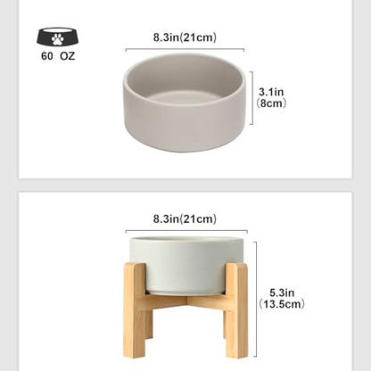 SPUNKYJUNKY Ceramic Elevated Dog Bowls 2 Pack - 8.3inch Raised Dog Bowls with Non-Slip Wooden Stand for Large Dogs Dishwasher Safe(Grey,60OZ*2) - color: Grey, size: Large - 7.6 CUPS*2