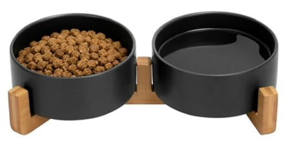 Ceramic Cat and Small Dog Bowl Set – Modern Indoor Small Size Pet Food and Water Bowls with Wood Stand – Non Slip Puppy Sized Feeding Station with Double Dishes (Black) - color: Black