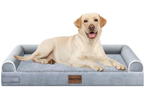 NANUYA Orthopedic Dog Bed for Large Dogs, 38 x 25 Inch, Light Grey | Egg crate foam for joint support, 3-sided bolster pet sofa, waterproof lining, washable cover, and non-skid base - color: Light Grey, size: 38.0"L x 25.0"W x 6.5"Th