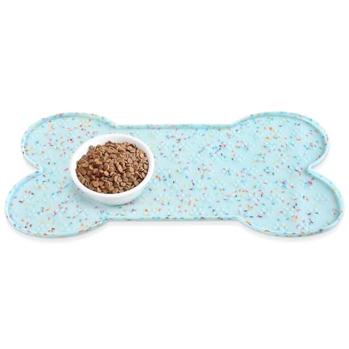 PWTAA Dog Food Mat Anti-Slip Silicone Dog Bowl Mat Thicker Pet Placemat Waterproof Cat Feeder Pad with Raised Edge Puppy Kitten Feeding Mats Suitable Small Medium-Sized Dogs Cats Eating Tray - color: Donut Blue, size: 19.4" x 9.8"