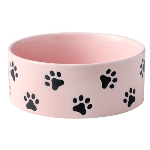 6.5 Inch Pastel Pink Ceramic Dog Bowl with Paw Print Pattern - Porcelain Wide Mouth Dog Food or Water Bowls, Large Feeding Pet Bowls for Indoor Medium Sized Dogs, for Wet or Dry Food - color: Light Pink