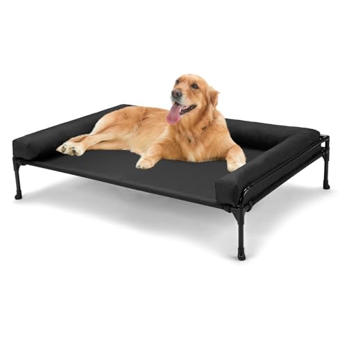 Veehoo Elevated Raised Dog Bed-Cooling Outdoor Dog Cot Bed for Large Sized Dogs Three-Sided Fence Raised Pet Cot with Mesh & No-Slip Feet Dog Hammock Bed with Removable Bolster-41 x 27" Black - color: Black, size: 41.0"L x 27.0"W x 13.0"Th