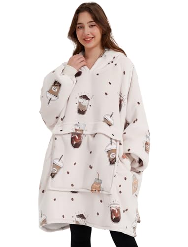 KFUBUO Wearable Blanket Hoodie for Adults Sherpa All Patterns Oversized Sweatshirt Blanket with Pocket - color: Milk Tea, size: Adult