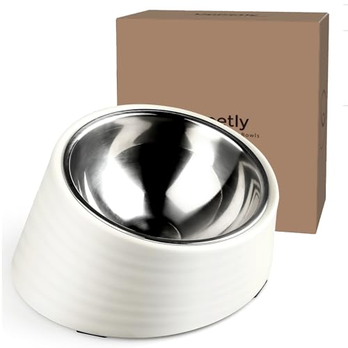 Uppetly Tilted Slanted Dog Bowl 1 Cup, 15° Tilted Stainless Steel Dog Cat Food Bowl, Non-Slip & Non-Spill Pet Feeder with Elevated Detachable Melamine Stand, Easy to Get Food Dish, Medium White - color: White-1Cup