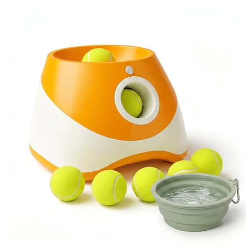 Dog Ball Thrower – Automatic Interactive Pet Tennis Ball Launcher with 6 Balls, USB Charging & Multiple Distance Settings Indoor & Outdoor Training & Play Toy for Small & Medium Dogs (Yellow) - color: Yellow