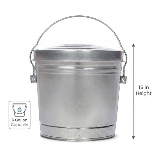 6 Gallon Outdoor Garbage Can, Galvanized Metal Trash Can with Locking Lid, Rust & Weather Resistant Storage Bin for Dog Poop, Pet Food, Charcoal