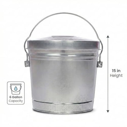 6 Gallon Outdoor Garbage Can, Galvanized Metal Trash Can with Locking Lid, Rust & Weather Resistant Storage Bin for Dog Poop, Pet Food, Charcoal