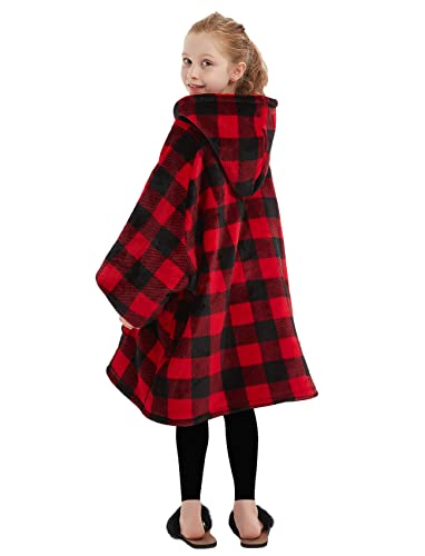 KFUBUO Wearable Blanket Hoodie for Kids Sherpa Patterns Oversized Sweatshirt Blanket With Pocket 6-10 Year Old Girl Boy Red Plaid - color: Red Plaid, size: Kids 6-10YR