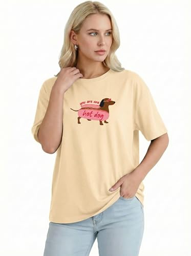 Aiyino Womens Funny Dog Graphic Tee Oversized Dog Lover Shirt | 100 Percent Cotton Soft Breathable Lightweight Everyday Comfort - color: Hot Dog Apricot, size: Small