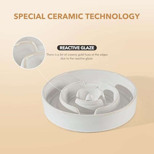Havniva 1.6 Cup Elevated Slow Feeder Dog Bowls, 8.2” Dog Slow Feeding Bowls + 7.3” Ceramic Dog Water Bowls Set with Acacia Wood Stand Dog Food Bowls Puzzle Feeder for Medium Dogs Non-Slip Anti-choking - color: 2 x White + Stand - A, size: L- 8.2inch / 1.6