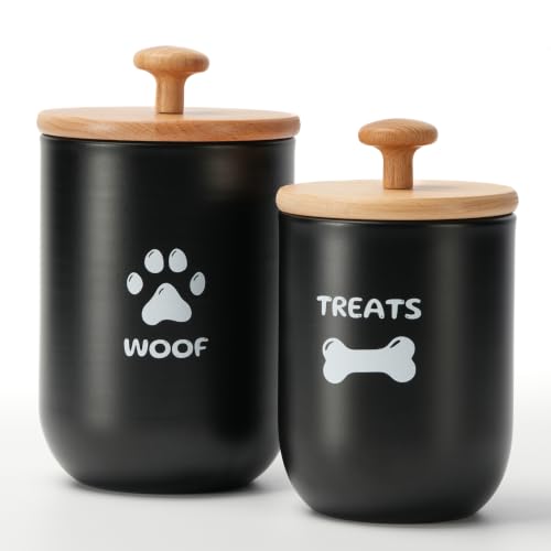 Dog Treat Container Set of 2, Dog treat jar with Airtight Lid, Small dog food container, Dog Cookie Jar for kitchen Counter, Treats Canister, Pet Treat Container 8.3x4.9 & 7.1x4.3 (Black) - color: Black