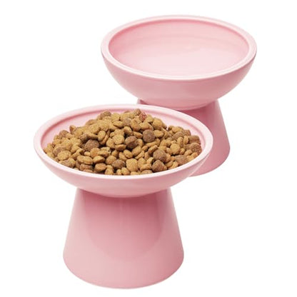 CEEFU 2 Elevated Cat Bowls Extra Wide for Food & Water – Whisker Fatigue, Ceramic Wide Shallow Food Dish, Lead & Cadmium Free, Raised Height for Cats, Pink - color: Pink