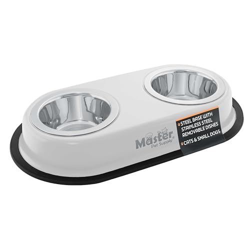 Master Pet Supply Double Dog Bowls Set with Elevated Base and 2 (8 oz) Stainless Steel Removable Dishes (Bone White) – Double Cat Food Water Bowl, Dog Puppy Food Bowl Set, Rust Resistant - color: Bone White