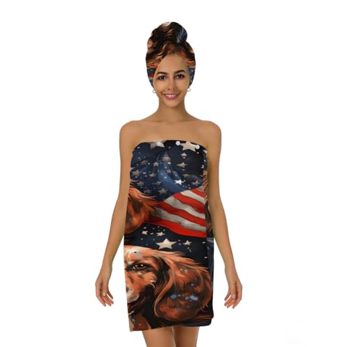 American Usa Flag Dogs Microfiber Bathrobe and Hair Towel Wrap Set for Women Quick Dry Shower Towels Wrap Absorbent Soft Bath Robe and Hair Drying Cap for Spa After Shower