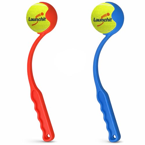 2-Pack Dog Ball Thrower Launcher, Tennis Ball Launcher, for Small Large Dogs Compact Design 13.8" Stick with Medium 2.5" (Blue & Red) - color: Blue_and_Red
