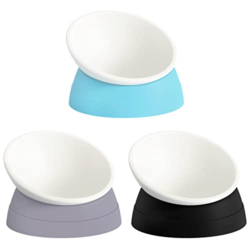 Ravitat 3Pcs Elevated Cat Food Bowl - Adjustable, Anti-Slip & Anti-Noise, Protects Pet's Spine - Thickened Plastic, 17 Oz - color: Light Blue & Black & Grey