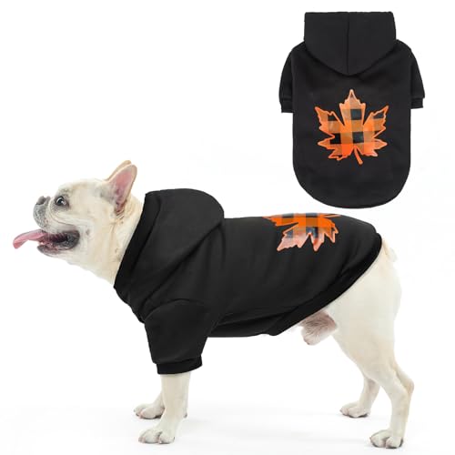 SCENEREAL Thanksgiving Dog Hoodie with Leash Hole Male Female - Warm & Soft Fleece Pet Sweater Clothes Sweatshirt with Leaf Pattern, Cold Weather Coat for Small Medium Large Dogs Puppies, M - color: Black (Maple Leaf Print), size: Medium