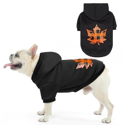 SCENEREAL Thanksgiving Dog Hoodie with Leash Hole Male Female - Warm & Soft Fleece Pet Sweater Clothes Sweatshirt with Leaf Pattern, Cold Weather Coat for Small Medium Large Dogs Puppies, M - color: Black (Maple Leaf Print), size: Medium