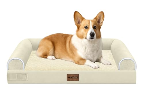 NANUYA Orthopedic Dog Bed for Medium Dogs, 30 x 20 Inch, Beige | Egg crate foam for joint support, 3-sided bolster pet sofa, waterproof lining, washable cover, and non-skid base - color: Beige, size: 30.0"L x 20.0"W x 6.0"Th