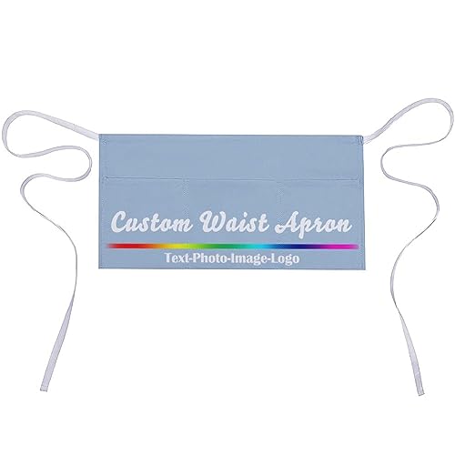 sophiehome Custom Waist Apron with Pockets Add Photo Logo Name Personalized Waiter Server Short Aprons for Kitchen - color: Light Blue