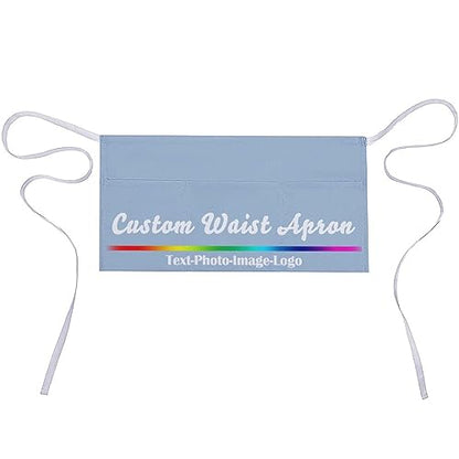 sophiehome Custom Waist Apron with Pockets Add Photo Logo Name Personalized Waiter Server Short Aprons for Kitchen - color: Light Blue