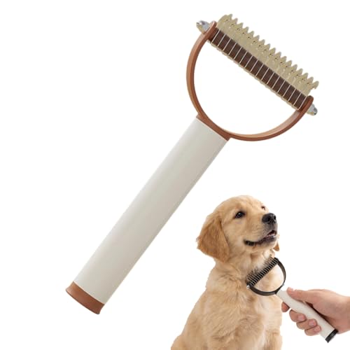 Double Sided Dematting Comb for Cats & Dogs, Undercoat Rake, Safe Deshedding Grooming Tool, Gentle Matt Remover Detangler for Long Thick Haired Pets, Ergonomic Pet Grooming Brush (Brown) - color: Brown