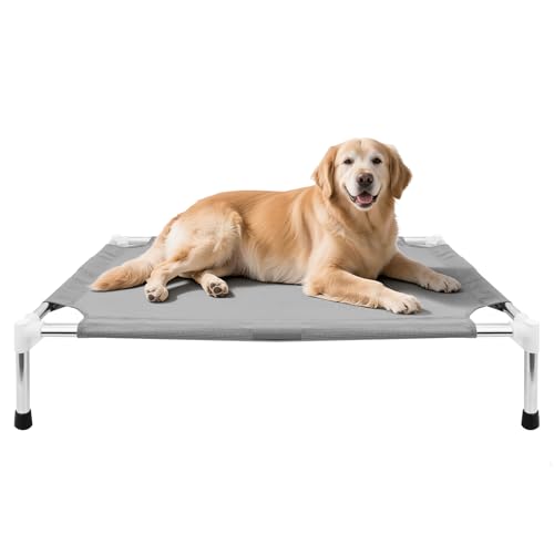 Makerfire Elevated Dog Bed, Indoor/Outdoor Raised Dog Cot for Small Dogs, Detachable Pet Bed with Non-Slip Feet, Polyester Cotton (26'' L x 19.5'' W x 6.4" H) - color: Grey-M-1