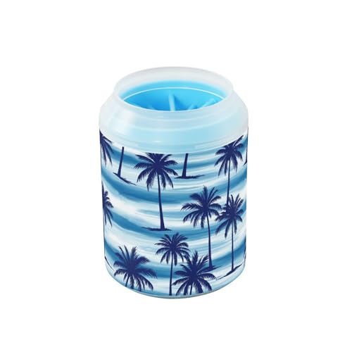 Tropical Palm Ocean Blue Print Dog Paw Cleaner Cup with Soft Silicone Brush, Small Lightweight Portable Muddy Paw Washer for Dogs, Easy to Use Pet Foot Cleaner