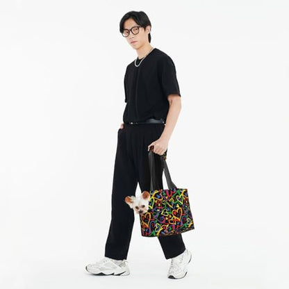 Dog Purse Carrier with Safety Hook - Foldable & Hands-Free Dog Cat Carrier Bag for Subway, Travel, Shopping up to 20lbs,Heart Pattern - color: Heart Pattern