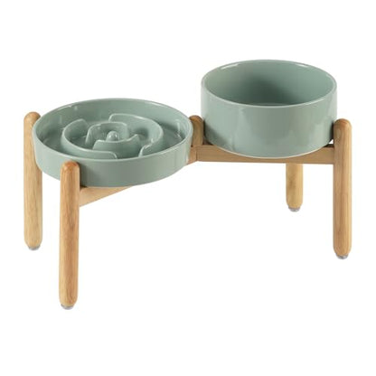 Havniva 7.3” Raised Slow Feeder Dog Bowls Set, 1.2 Cups Ceramic Slow Feeder Dog Bowl and 6.1” Dog Water Bowl with Elevated Wooden Stand Puzzle Dog Food Bowl for Small Dogs Anti-Gulping & Anti-Choking - color: 2 x Light Green+Stand-A, size: 7.3inch