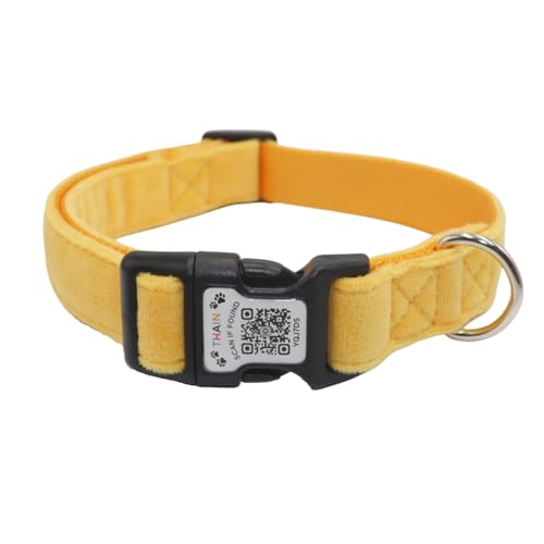 THAIN Smart QR Code Dog Collar-Nylon & Velvet Pet Collar with Unique ID Registration, Adjustable Plastic Buckle for Medium Dogs–Black, Red, Pink, Yellow (Yellow, M) - color: Yellow, size: M