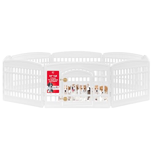 IRIS USA Dog Playpen with Door, 24” 8 Panel Pet Exercise Pen – Indoor Outdoor Puppy Play Pen, Portable Plastic Pet Fence for Small Medium Dogs, Foldable 83.5” x 83.5” x 24”, White - color: White, size: 8 Panel - 24" H