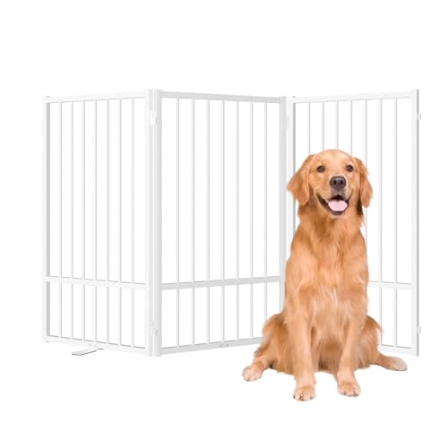 SNUOWU Full Metal Freestanding Dog Gate with Door, 32''Height Foldable Pet Dog Fence for Indoor & Outdoor, 3 Panels Extra Wide Free Standing TallDog Gates for Doorways,House,Stairs,Porch,Deck,Yard - color: White, size: 【3 Panels】60"W*32H"