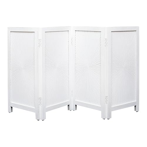 Pet Gate Indoor Foldable in Raise Wood- 4 Panel Dog Safety Gate, 56" W x 28" H,Hand-Carved Solid Wood & MDF, Free Standing Portable Indoor gate for Doorways,Halls,Stairs-Fully Assembled,Antique White - color: White, size: 56"x28" Plain 4 Panels