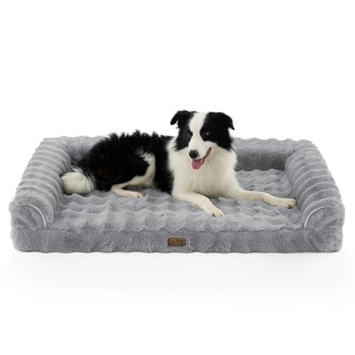 Faux Fur Orthopedic Dog Bed, Extra Large Dog Bed, Supportive Foam Pet Sofa with Waterproof Lining Cover, Washable U-Shaped Pet Couch with Anti-Slip Bottom Design, Grey XXL 48x32x8 inch - color: Grey, size: XXL (48x32x8 inch)