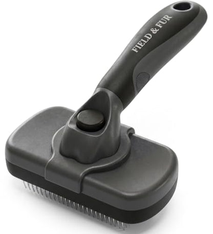 FIELD & FUR Self-Cleaning Slicker Brush for Dogs & Cats, Pin Brush for Goldendoodles, Labradoodles, Poodles, Puppies & Long-Haired Coats - Skin-Friendly Stainless Steel Pins for Shedding & Dematting