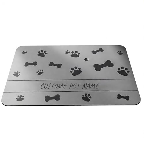 Personalized Dog & Cat Food Mat with Name | Waterproof PU Pet Bowl Mat | Non-Slip Rubber Bottom | Easy Clean | 3 Sizes (24"×16", 30"×20", 36"×24") Black Paw Prints - color: black bone and paw prints