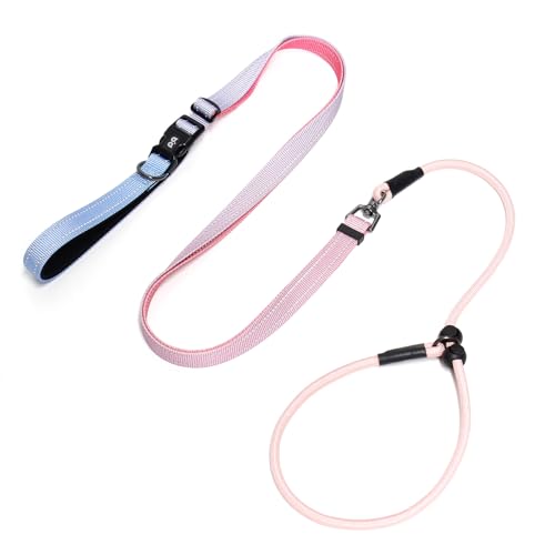 QQPETS Adjustable Slip Lead Dog Leash, Hands Free Waist Leash for Dog Walking, Reflective Training Lead with 360° Swivel Anti-Tangle, 4-7 ft Length for All Breeds - color: Blue-pink Gradient