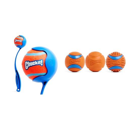 Chuckit! 12" Sport Ball Launcher with 2.5" Medium Ball + 3-Pack Medium Dog Balls Set (2.5" Ultra, Fetch & Rugged Balls) for Dogs 20-60 Pounds
