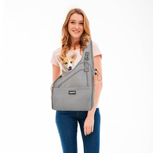 Small Dog Sling Carrier Bag, Hands-Free Dog Carrier Sling with Safety Buckle, Breathable Mesh, Adjustable Strap, Padded Back, Storage Pockets, Pet Carrier for Dogs, Cats, Puppies up to 8–10 lbs - color: Grey