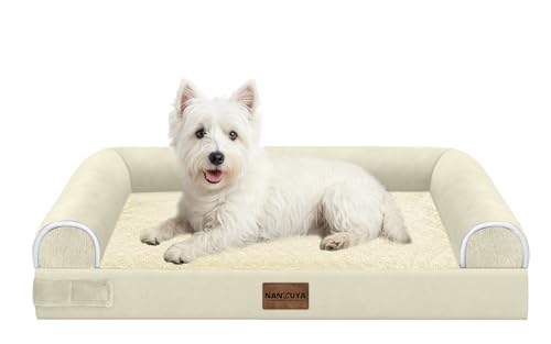 NANUYA Orthopedic Dog Bed for Medium Dogs, 28 x 19 Inch, Beige | Egg crate foam for joint support, 3-sided bolster pet sofa, waterproof lining, washable cover, and non-skid base - color: Beige, size: 28.0"L x 19.0"W x 5.5"Th
