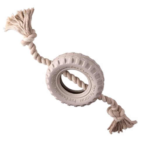 Pet Passion Natural Rubber Tire and Organic Cotton Rope Pull and Chew Dog Toy for All Pet Breeds, Almond Milk, Small - color: Almond Milk, size: Small