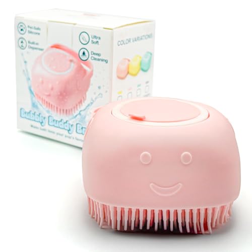 HamInWay Dog Bath Brush, 2-in-1 Dog Brush for Grooming with Built-in Shampoo Dispenser, Gentle Silicone Bristles for Bath & Massage,Easy Clean Design for Dog, Cats & Small Pets, Pink - color: Pink